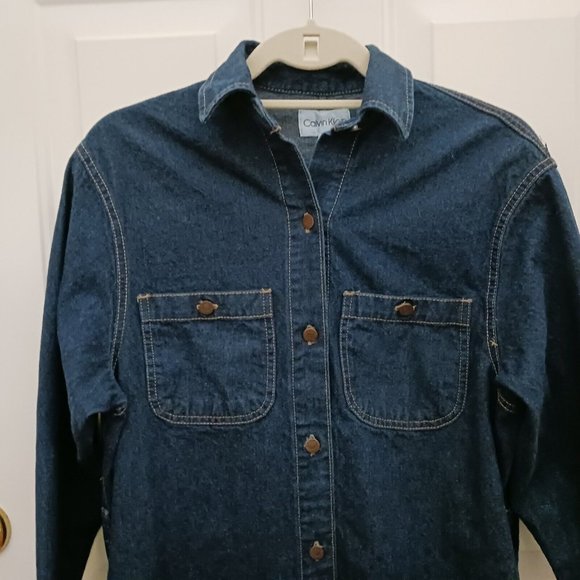 Vintage Calvin Klein Denim Dress Button Down Side And Chest Pockets Size 9 - Picture 1 of 8